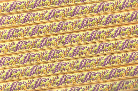 FLORAL B-08-D Jacquard Ribbon Woven Poly Trim 1/2" Wide (13mm) From France, Baroque "Feather" Design in Mustard Gold/Purple/Green