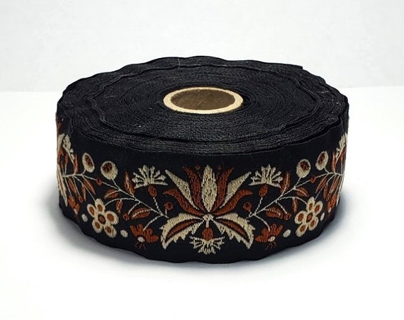 KAFKA G-19/05 Jacquard Ribbon Woven Organic Cotton Trim 1-1/4" wide (32mm) "Frida Blumenranke" Black w/Beige & Medium Brown Flowers