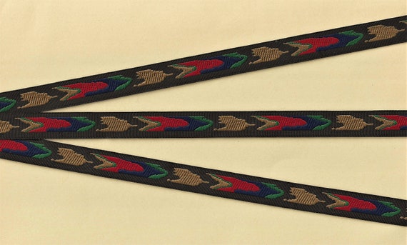 NATIVE AMERICAN B-10-C Jacquard Ribbon Polyester Trim 1/2" wide (13mm) Southwest Black, Red, Beige & Blue Tribal Pattern, Per Yard