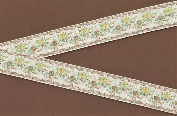 FLORAL G-46-A Jacquard Ribbon Cotton Trim 1-3/8" wide (34mm) VINTAGE Ivory w/Yellow, Peach & Brown Victorian Roses, Green Leaves