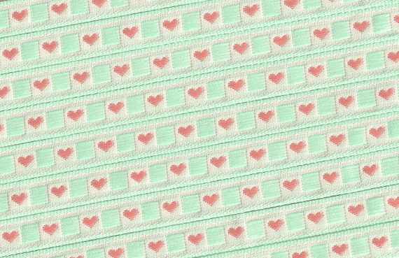HEARTS A-02-B Jacquard Ribbon Polyester Trim 3/8" wide (9mm) Ivory & Mint Green Background w/Sweet Petite Peach Hearts