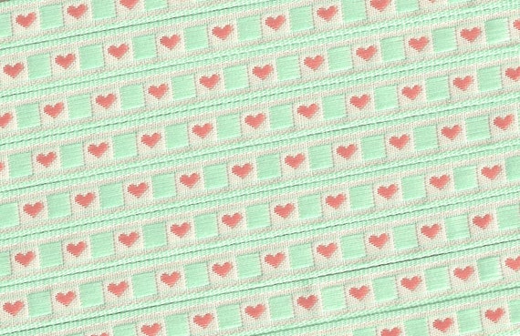 HEARTS/FLOWERS A-02-B Jacquard Ribbon Polyester Trim 3/8" wide (9mm) Ivory & Mint Green Background w/Sweet Petite Peach Hearts