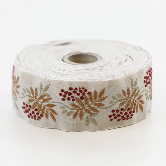 KAFKA G-05/09 Jacquard Ribbon Woven Organic Cotton Trim 1-1/4" wide (32mm) Beige w/Burgundy Berries, Caramel & Taupe Leaves