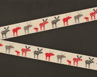 ANIMALS/Wildlife E-06-A Jacquard Ribbon Polyester Trim 7/8" Wide (22mm) Tan Background, Red & Gray Patterned Moose w/Black Accents
