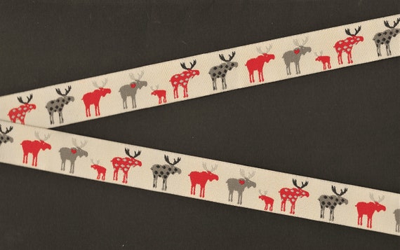 ANIMALS/Wildlife E-06-A Jacquard Ribbon Polyester Trim 7/8" Wide (22mm) Tan Background, Red & Gray Patterned Moose w/Black Accents