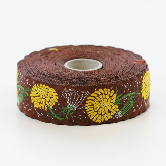 KAFKA F-03/05 Jacquard Ribbon Woven Organic Cotton Trim 1" wide (25mm) Caramel Brown w/Yellow Dandelions Bloom to Seed Green Leaves