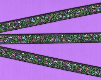 FLORAL C-07-A Jacquard Ribbon Polyester Trim 5/8" Wide (16mm) Black Background w/Purple/Blue/Pink Flowers, Green Leaves & Vines