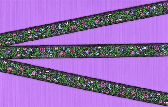 FLORAL C-07-A Jacquard Ribbon Polyester Trim 5/8" Wide (16mm) Black Background w/Purple/Blue/Pink Flowers, Green Leaves & Vines