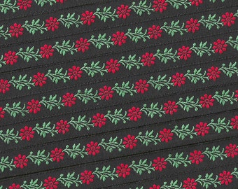 KAFKA A-02/22 Jacquard Ribbon Woven Organic Cotton Trim 7/16" wide (10mm) Black Background w/Red Flowers, Green Leaves. Christmas Colors