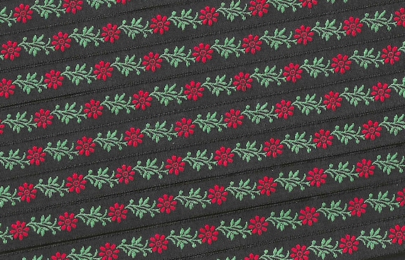 KAFKA A-02/22 Jacquard Ribbon Woven Organic Cotton Trim 7/16" wide (10mm) Black Background w/Red Flowers, Green Leaves Christmas Colors