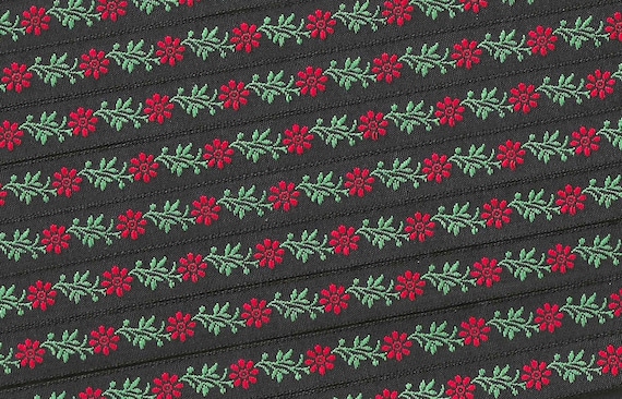 KAFKA A-02/22 Jacquard Ribbon Woven Organic Cotton Trim 7/16" wide (10mm) Black Background w/Red Flowers, Green Leaves. Christmas Colors