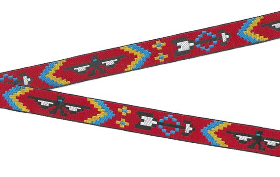 NATIVE AMERICAN D-44-A Jacquard Ribbon Poly Trim 3/4" wide (20mm) Red, Blue, Yellow & Black Thunderbird Native Design