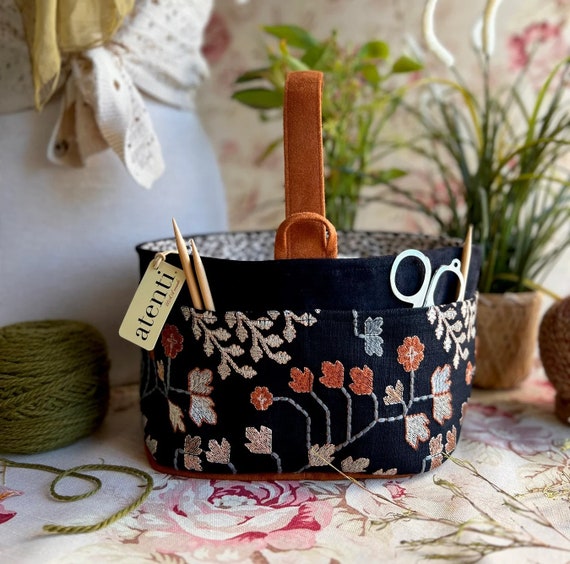 ATENTI Handmade Bags "TWINKLE" Embroidered Floral Tapestry 8 Pocket Bucket, Needle Arts/Knitting, Travel, Cosmetics, Diaper Bag, USA Made