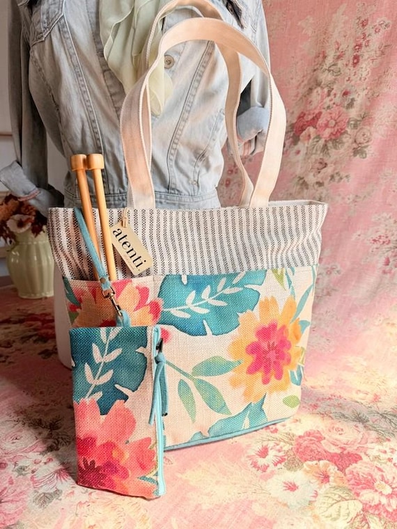 ATENTI "FIORE" Tropical Floral Print, Project Organizer Tote, Handmade USA
