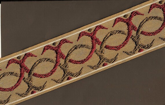 GEOMETRIC L-05-B Jacquard Ribbon Poly Trim 2-1/2" wide (64mm) Celtic Design, Beige w/Burgundy & Brown Scrolls