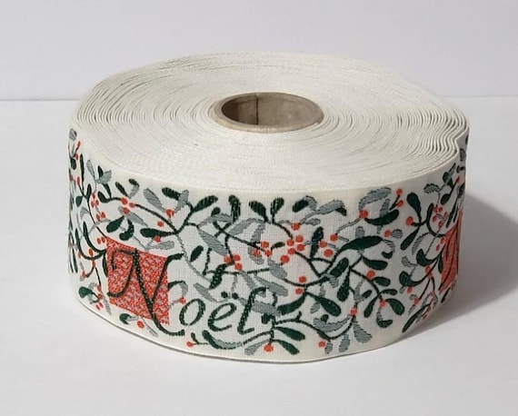 KAFKA H-03/N-04 Jacquard Ribbon Woven Organic Cotton Trim 1-1/2" wide (38mm) "NOEL" Off-White Background w/2-Tone Green Leaves & Red Berries