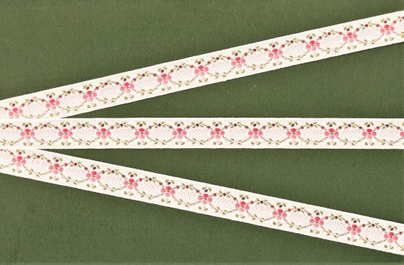 FLORAL C-46-C Jacquard Ribbon Polyester Trim 5/8" Wide (16mm) White Background w/Pink Flowers, Green Garland Lattice Design