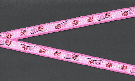 ANIMALS/Birds C-19-A Jacquard Ribbon Poly Trim 5/8" Wide (16mm) Pink Background w/Happy Pink & Red Owls sitting on a Branch, Per Yard