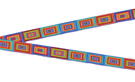 GEOMETRIC C-21-A Jacquard Ribbon Poly Trim 5/8" wide (16mm) Turquoise MOD Rectangles