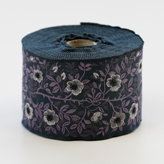 KAFKA L-01/71 Jacquard Ribbon Woven Organic Cotton Trim 2-3/8" wide (60mm) Navy w/Black & Gray Wild Roses, 2-Tone Purple Leaves