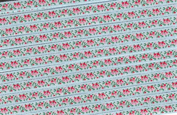 FLORAL A-05-i Jacquard Ribbon Rayon Trim 5/16" wide (7mm) From Switzerland, Blue w/Red & Pink Flowers