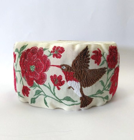 KAFKA K-14/01 Jacquard Ribbon Organic Cotton Trim 2" wide (50mm) Ivory w/Red, Brown & White Hummingbirds, Large Red Flowers