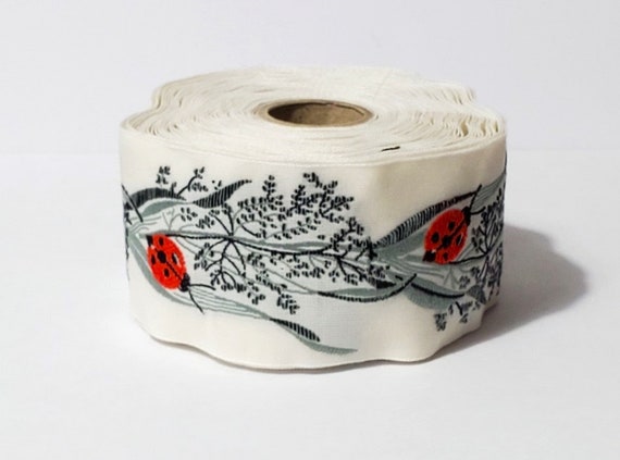 KAFKA H-01/02 Jacquard Ribbon Woven Organic Cotton Trim 1-5/8" wide (40mm) IVORY w/Sweet Red Ladybugs, Gray-Green Leaves/Stems