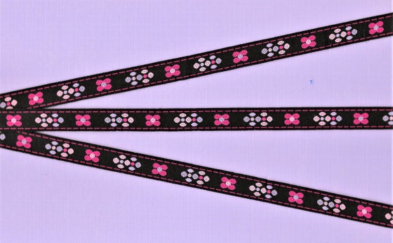 FLORAL B-45-A Jacquard Ribbon Poly rim 7/16" wide Black Background with Hot Pink, Light Pink & Lilac Flowers