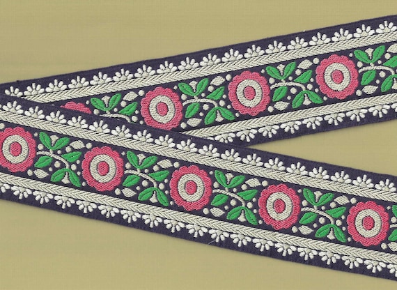 FLORAL M-18-E Jacquard Ribbon Cotton Trim 2-5/8" wide (66mm) VINTAGE German Folk Design in Navy Coral Beige White & Green Leaves, Per Yard