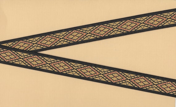 GEOMETRIC E-32-A Jacquard Ribbon Poly Trim 7/8" wide (22mm) Black Background w/Beige Diamond Design, Red Accents, Medieval, REMNANT
