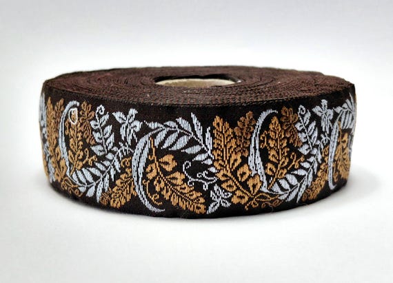 KAFKA F-21/04 Jacquard Ribbon Organic Cotton Trim 1" wide (25mm) Dk Brown w/Lt Brown & Gray Wildflowers