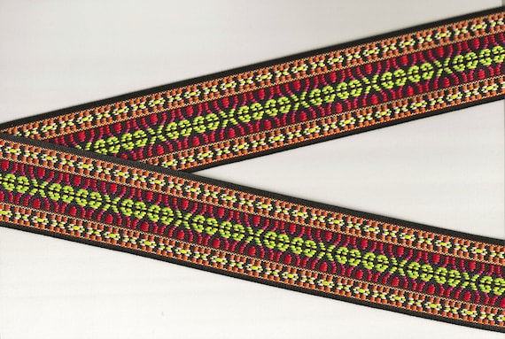 NATIVE AMERICAN K-06-i Jacquard Ribbon Poly Trim, 2" Wide (50mm) REVERSIBLE, Black, Neon Green, Orange, Yellow & White Accents, Per Yard