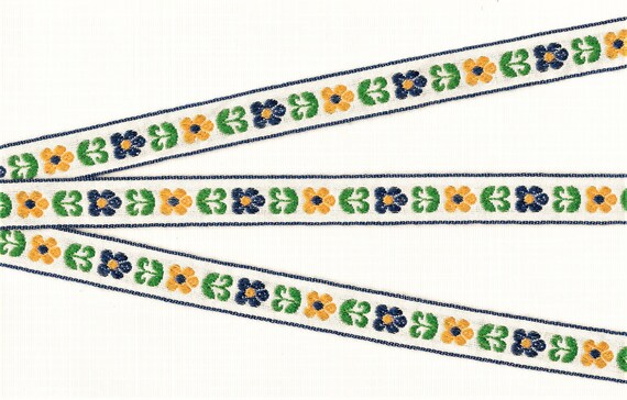 FLORAL C-35-A Jacquard Ribbon Cotton Trim 5/8" wide (16mm) White Linen w/Blue & Golden Yellow Flowers