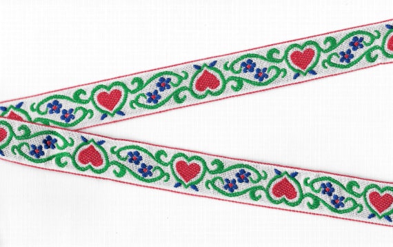 HEARTS/FLOWERS E-10-B Jacquard Ribbon Rayon Blend Trim 15/16" wide (24mm) Nordic, White w/Red Hearts, Blue Flowers, Green Scrolls