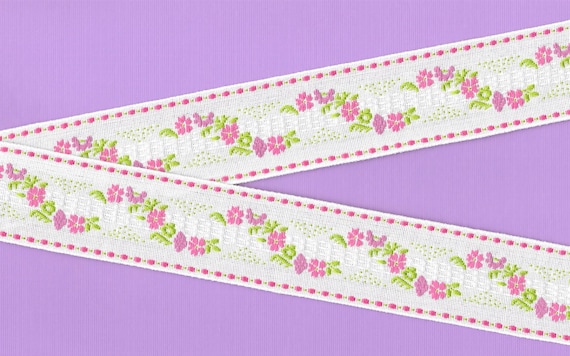 FLORAL H-62-A Jacquard Ribbon Cotton Trim 1-1/2" Wide (38mm) VINTAGE White w/Small Pink & Purple Flowers, Green Leaves