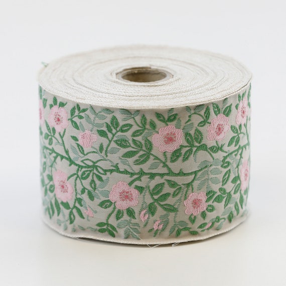 KAFKA L-01/31 Jacquard Ribbon Woven Organic Cotton Trim 2-3/8" wide (60mm) Beige w/Variegated Pink Wild Roses, 2-Tone Green Leaves