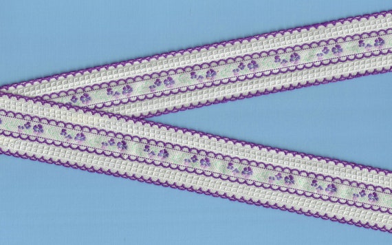 FLORAL H-04-E Jacquard Ribbon Cotton Trim 1-3/4" wide (44mm) Ivory, Purple Picot Edge, Variegated Purple Blue Flowers Mint Leaves