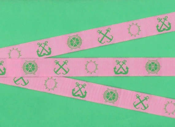 SPORTS/Nautical Jacquard Ribbon Polyester Trim, 3/4" Wide (20mm) Pink Background w/Bright Green Nautical Emblems, Per Yard