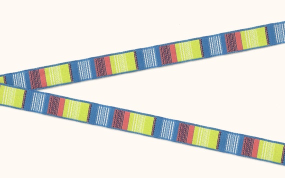 STRIPES C-02-A Jacquard Ribbon Polyester Trim, 5/8" Wide (16mm) Stripes in Royal Blue, Lime Green, Coral & White