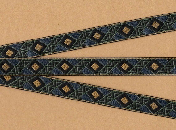 GEOMETRIC D-28-C Jacquard Ribbon Polyester Trim 3/4" wide (20mm) Black Background w/Navy, Olive Green & Mustard Gold Diamond Pattern