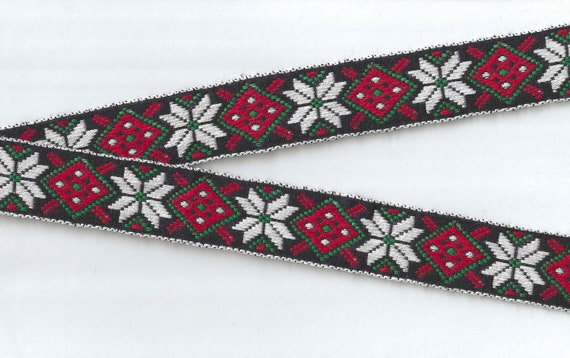 SNOWFLAKES F-06-A Jacquard Ribbon Cotton Trim 1-1/16" wide (26mm) VINTAGE, Nordic Pattern, White Snowflakes w/Red & Green Motif on Black