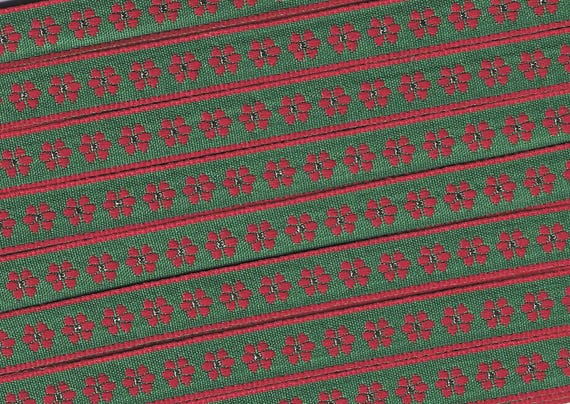 HOLIDAY B-17-A Jacquard Ribbon Polyester Trim 1/2" wide (13mm) VINTAGE, Green Background w/Red Borders/Flowers & Metallic Gold Accents
