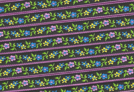 FLORAL B-20-i Jacquard Ribbon Polyester Trim 1/2" wide (13mm) Black (Pink Borders) Yellow, Pink & Blue Edelweiss, Green Leaves