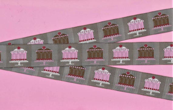 NOVELTY/Food G-02-B Jacquard Ribbon Polyester Trim 1-1/8" wide (28mm) LFN Textiles, Pale Brown w/Birthday Wedding Party Cakes