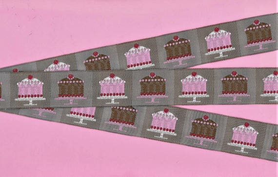 NOVELTY/Food G-02-B Jacquard Ribbon Polyester Trim 1-1/8" wide (28mm) LFN Textiles, Pale Brown w/Birthday Wedding Party Cakes, Per Yard