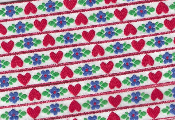 HEARTS/FLOWERS B-17-A Jacquard Ribbon Cotton Trim 1/2" wide (13mm) White Background w/Red Hearts, Blue Flowers, Green Leaves