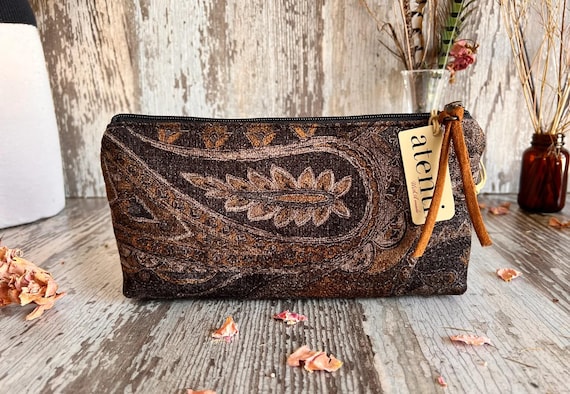 ATENTI Handmade Bags "CHESTER" Black/Gold/Brown Velvet Tapestry, Tall Tool Pouch Needle Arts/Knitting Bag, Cosmetic Bag, USA Made