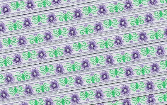FLORAL B-28-H Jacquard Ribbon Polyester Trim 1/2" wide (13mm) White Background w/Variegated Lilac/Purple Flowers, Green Leaves