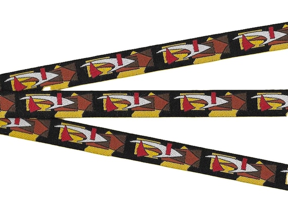 GEOMETRIC C-34-A Jacquard Ribbon Poly Trim 5/8" wide (16mm) Black Yellow Red Brown White Abstract