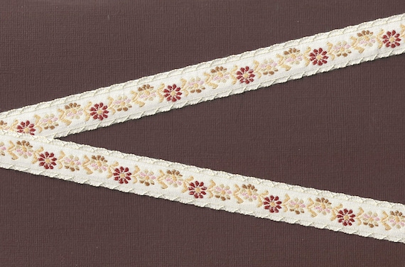 FLORAL D-16-F Jacquard Ribbon Cotton Trim 3/4" wide (20mm) VINTAGE Ivory w/Variegated Tan/Beige/Lt Pink/Burgundy/Brown Flowers, Gold Accents